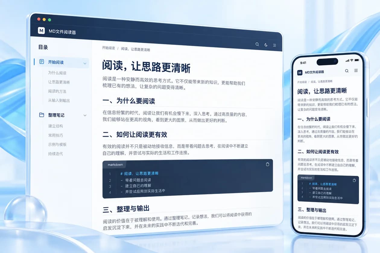 MD文件阅读器的概念界面示意，非真实产品截图